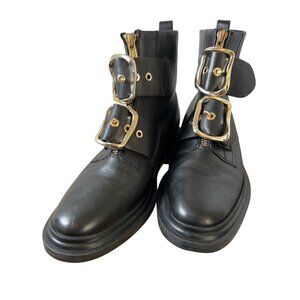 ASOS Black Leather Gold Metal Double Buckle Ankle Biker Boot US Size 6 UK Size 4